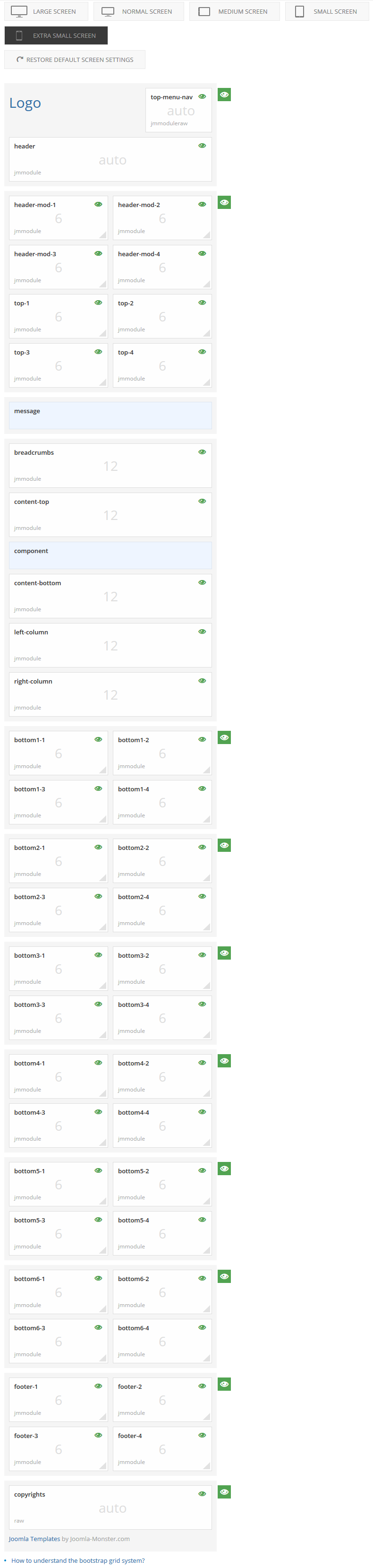 Module positions for extra small screen